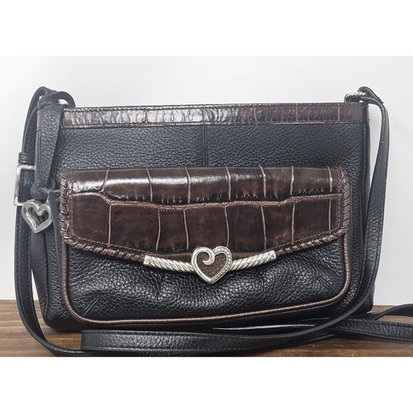 Brighton Womens Leather Crossbody Bag Wallet Organizer Purse Black Brown Charm - Picture 1 of 13
